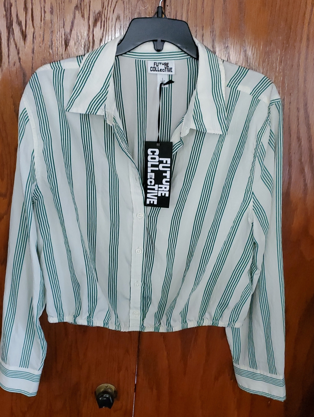 Women's Green Stripe Button-Front Crop Shirt